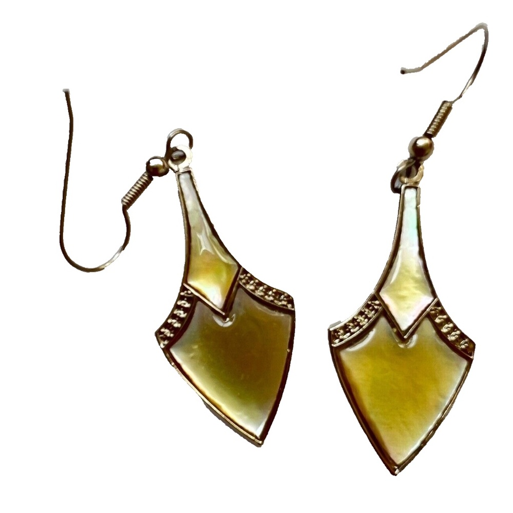 Vintage Signed Duri Earrings Mother of Pearl Art Nouveau Style Dangle Drop Hooks